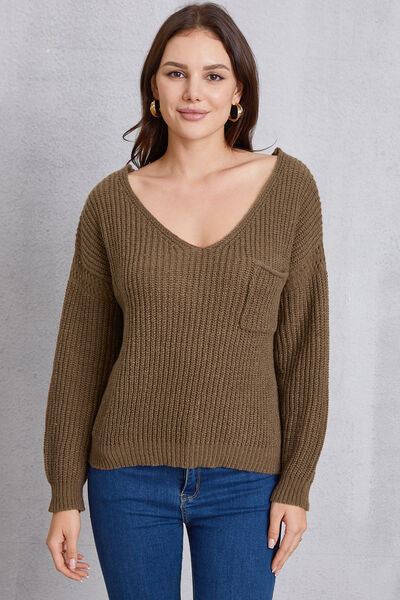 V-Neck Pocketed Dropped Shoulder Knit Top - Flyclothing LLC