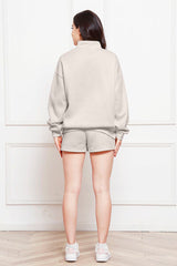 Half Zip Long Sleeve Sweatshirt and Drawstring Shorts Set - Flyclothing LLC