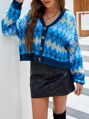 Geometric Button Up Dropped Shoulder Cardigan - Flyclothing LLC