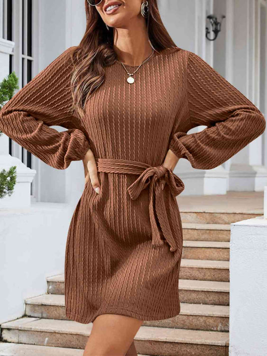 Round Neck Tie Front Long Sleeve Dress - Flyclothing LLC