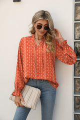 Printed Tie Neck Flounce Sleeve Blouse - Flyclothing LLC