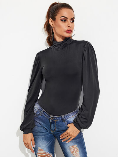 Backless Tie-Waist Turtleneck Lantern Sleeve Bodysuit - Flyclothing LLC