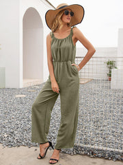 Round Neck Sleeveless Jumpsuit with Pockets - Flyclothing LLC