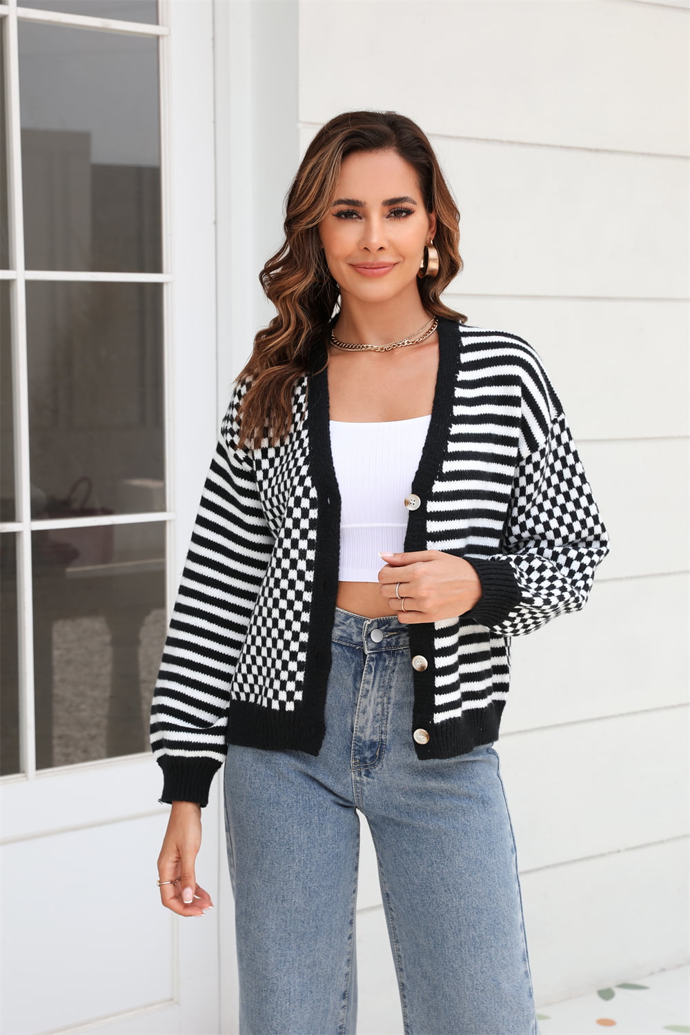 Button-Down Stripe & Plaid Contrast Pattern Cardigan - Trendsi