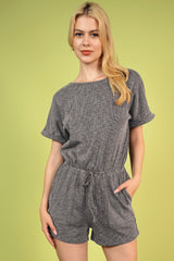 Round Neck Short Sleeve Romper with Pockets - Flyclothing LLC