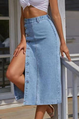 Button Fly Split Denim Skirt - Flyclothing LLC