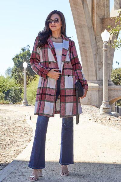 Double Take Full Size Plaid Button Up Lapel Collar Coat - Flyclothing LLC