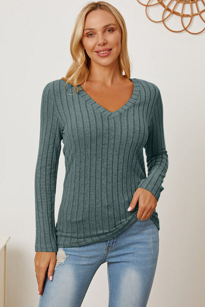 Basic Bae Full Size Ribbed V-Neck Long Sleeve T-Shirt - Flyclothing LLC