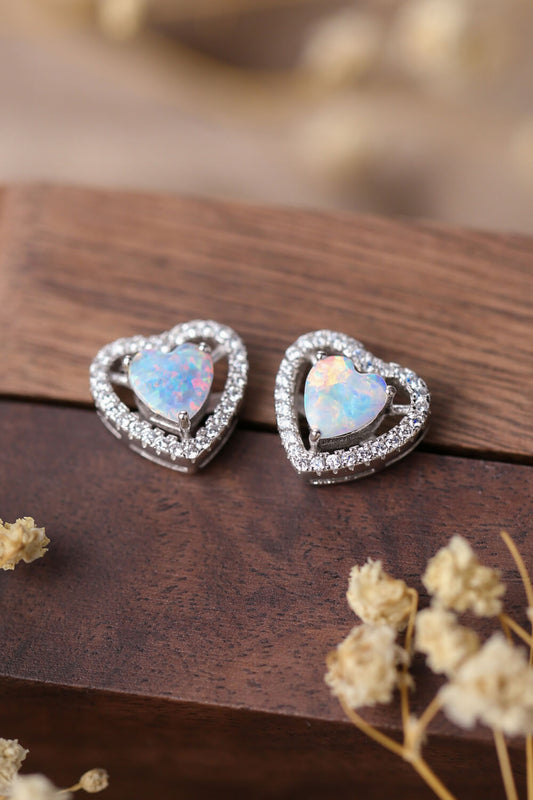 925 Sterling Silver Opal Heart Stud Earrings - Flyclothing LLC