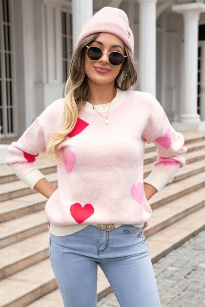 Heart Round Neck Droppped Shoulder Sweater - Flyclothing LLC