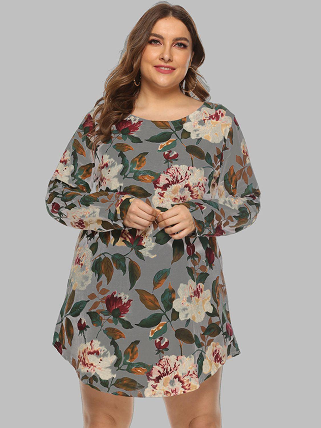 Full Size Floral Long Sleeve Mini Dress - Flyclothing LLC