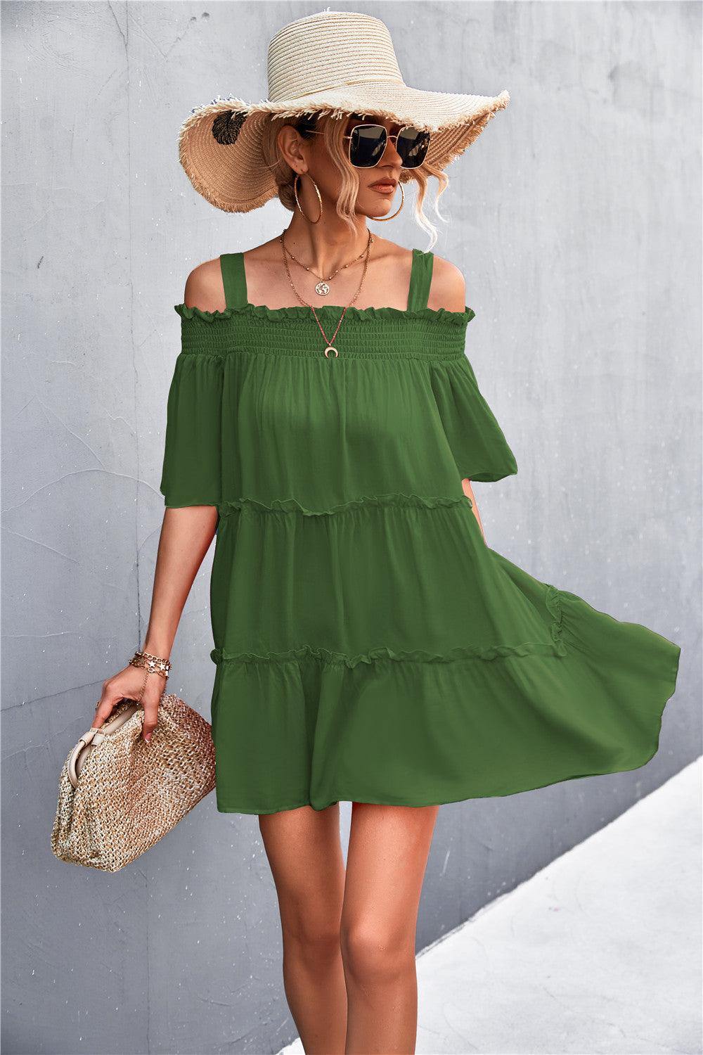 Cold Shoulder Frill Trim Tiered Dress Matcha Green S