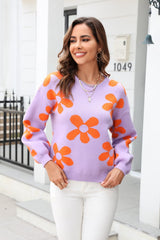 Floral Print Round Neck Dropped Shoulder Pullover Sweater - Flyclothing LLC