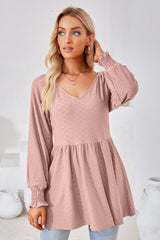 V-Neck Lantern Sleeve Blouse - Flyclothing LLC