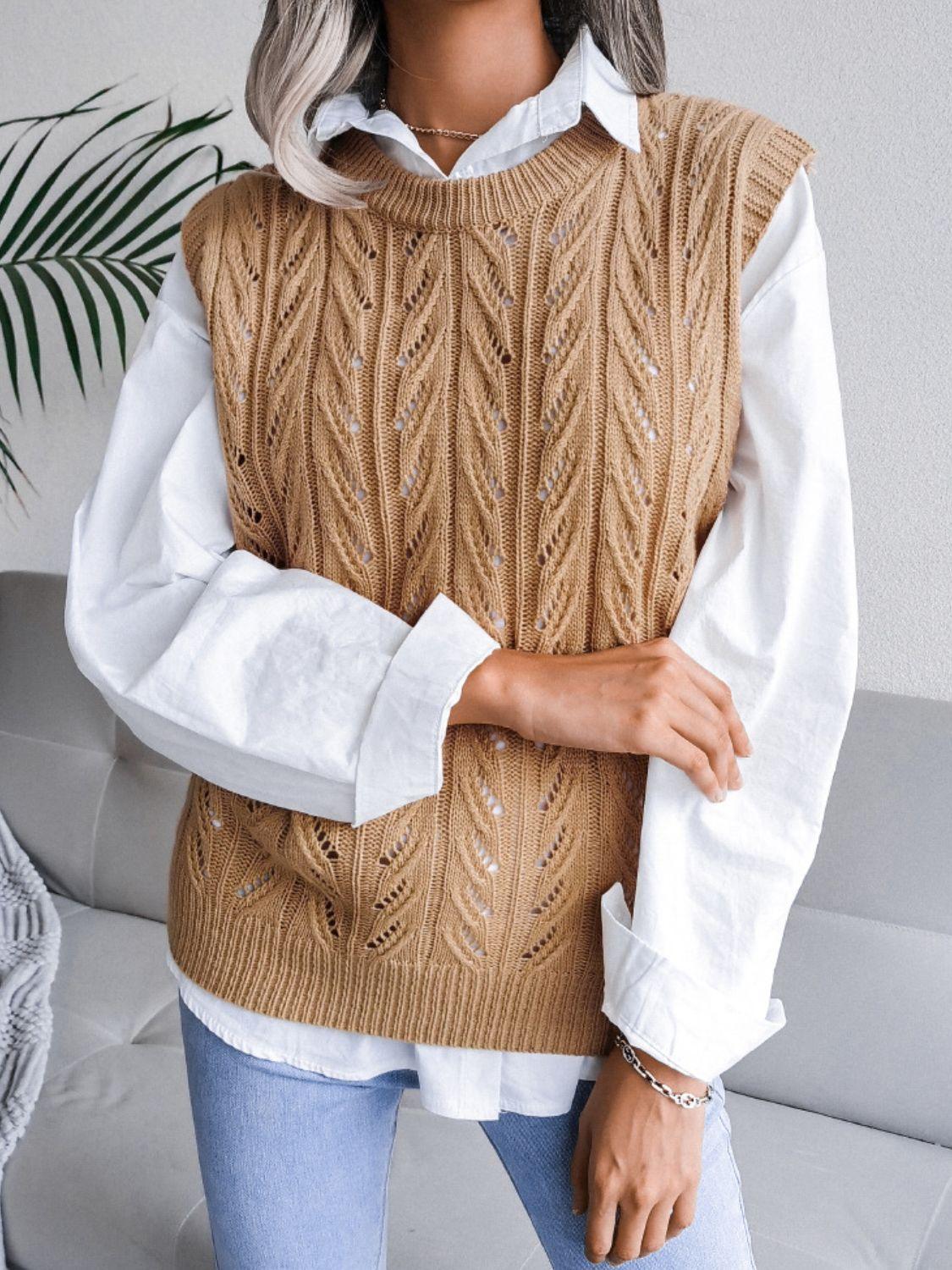 Round Neck Openwork Capped Sleeve Sweater Vest - Flyclothing LLC