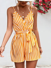 Striped Tie Waist Spaghetti Strap Romper - Flyclothing LLC