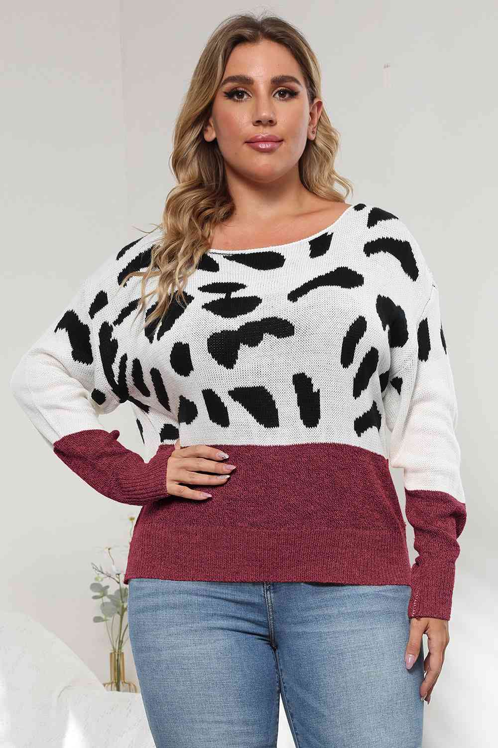 Plus Size Leopard Round Neck Long Sleeve Sweater - Trendsi