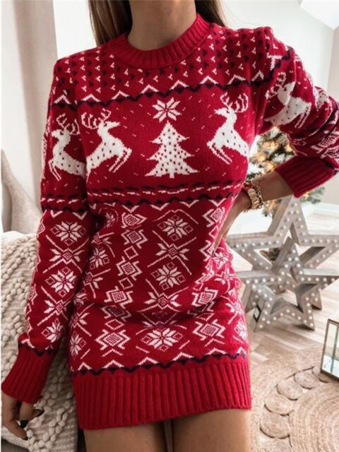 Reindeer & Snowflake Round Neck Sweater Dress - Flyclothing LLC