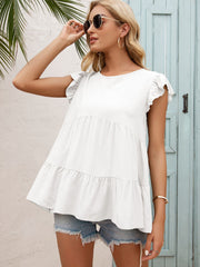 Round Neck Flutter Sleeve Tiered Blouse - Flyclothing LLC