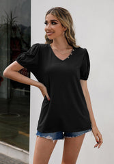 V-Neck Decorative Buttons Puff Sleeve Tee - Flyclothing LLC