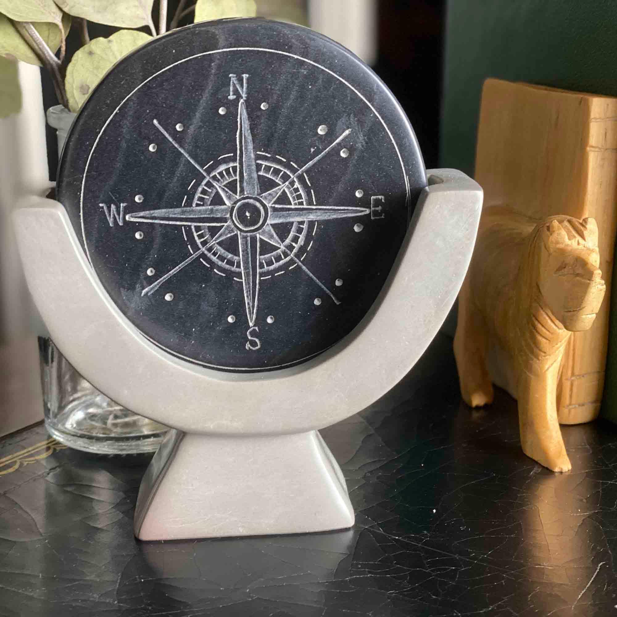 Compass Soapstone Sculpture, Dark Gray Stone - SMOLArt