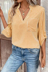 Striped Notched Roll-Tab Sleeve Shirt - Flyclothing LLC