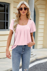 Eyelet Square Neck Short Sleeve T-Shirt - Flyclothing LLC