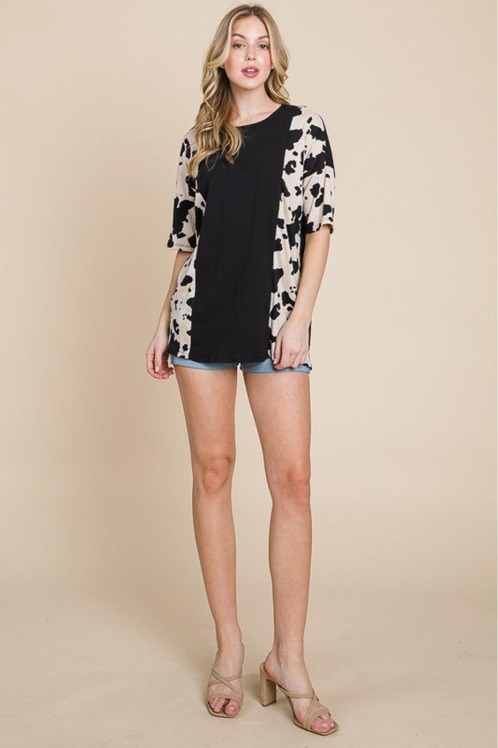 BOMBOM Rodeo Love Ribbed Animal Contrast Tee - Trendsi