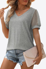 Swiss Dot Puff Sleeve V-Neck Tee - Flyclothing LLC