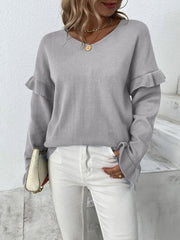 Ruffled V-Neck Dropped Shoulder Sweater - Flyclothing LLC