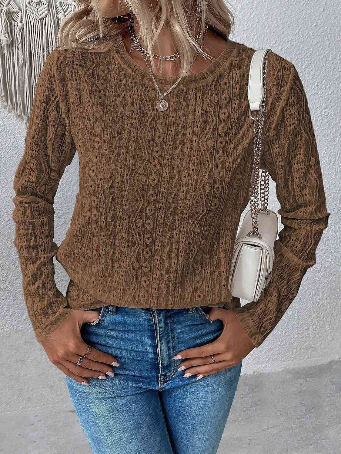 Eyelet Round Neck Long Sleeve Top - Flyclothing LLC