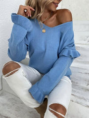 Ruffled V-Neck Dropped Shoulder Sweater - Flyclothing LLC