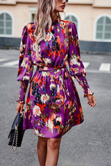 Printed Tie Waist Mock Neck Lantern Sleeve Dress - Flyclothing LLC