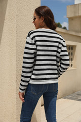 Striped Round Neck Button-Down Dropped Shoulder Cardigan - Flyclothing LLC