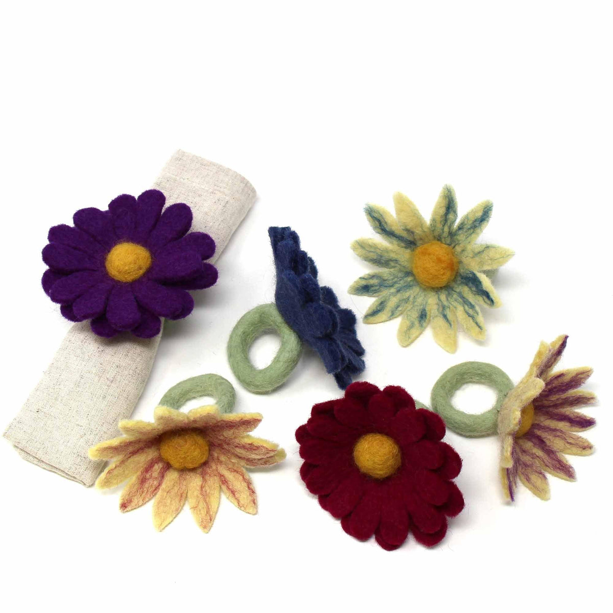 Hand Crafted Felt from Nepal: Set of 6 Napkin Rings, Assorted Daisies for Fall - Flyclothing LLC