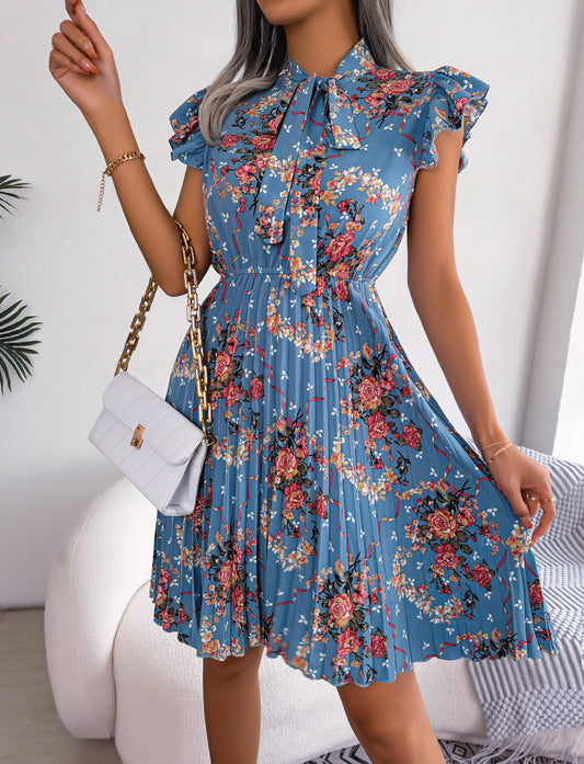 Pleated Floral Printed Tie Neck Knee Length Dress - Flyclothing LLC