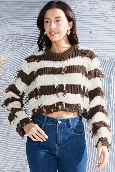 Striped Fringe Round Neck Sweater - Flyclothing LLC