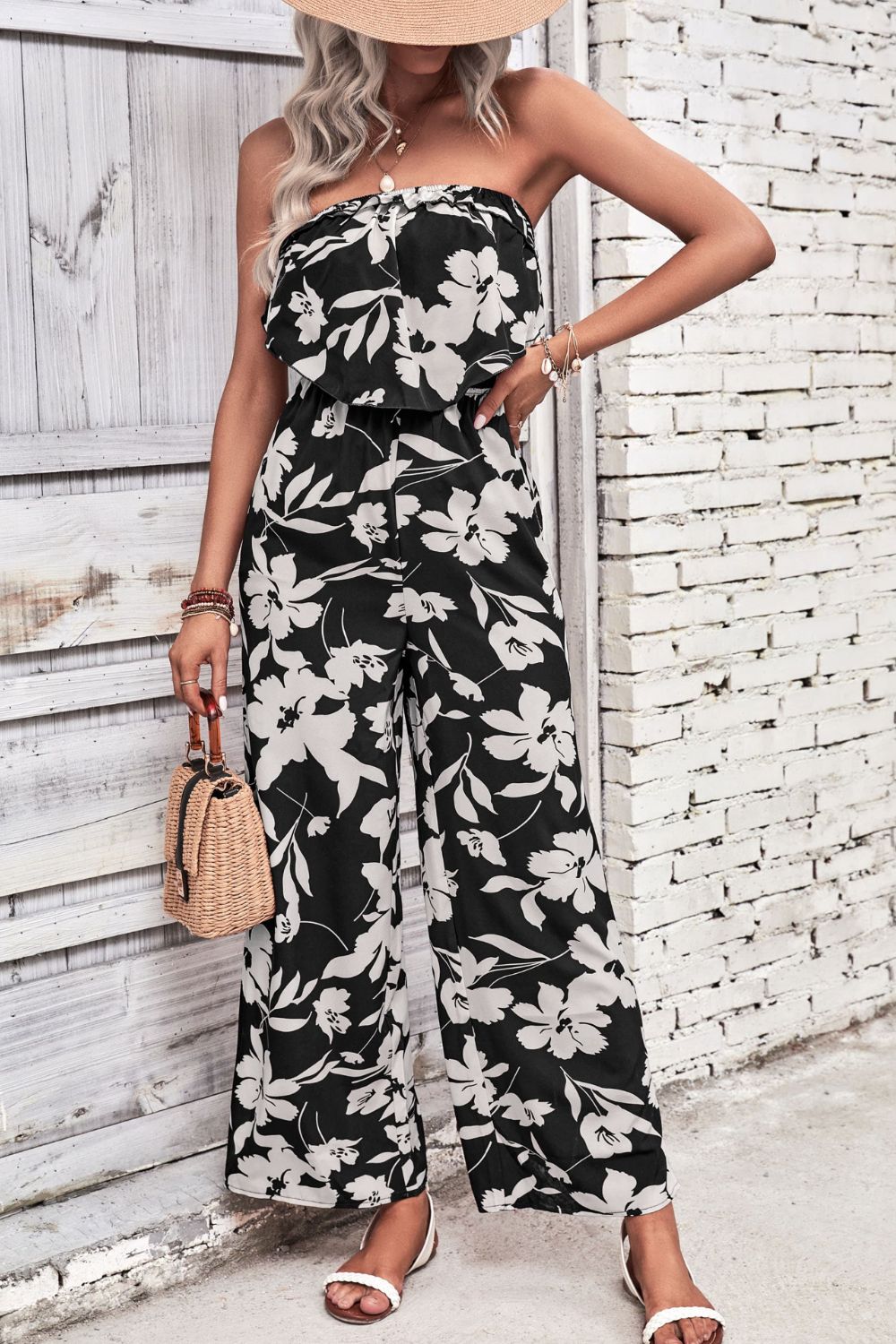 Floral Strapless Wide Leg Jumpsuit - Flyclothing LLC