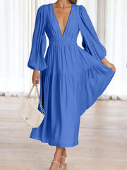 Deep V-Neck Balloon Sleeve Plain Maxi Dress - Flyclothing LLC