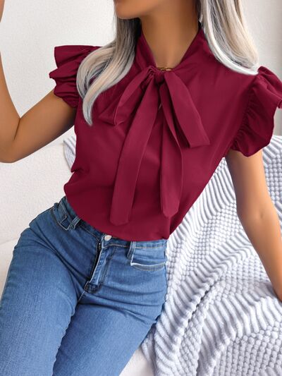 Tie  Neck Cap Sleeve Blouse - Flyclothing LLC