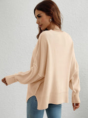 Exposed Seam Dropped Shoulder Slit Sweater - Trendsi