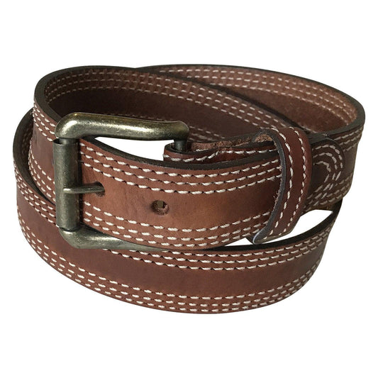 Tan Triple Stitch Genuine Leather Western Belt - Flyclothing LLC