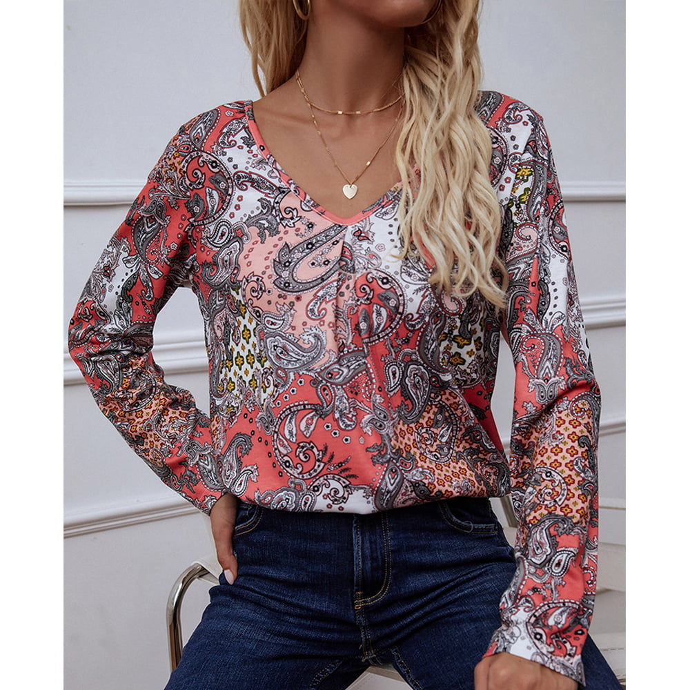 Printed V-Neck Long Sleeve Blouse - Flyclothing LLC