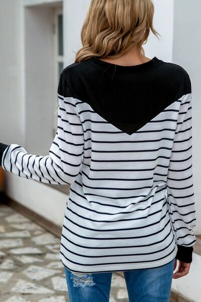 Striped Round Neck Long Sleeve T-Shirt - Flyclothing LLC