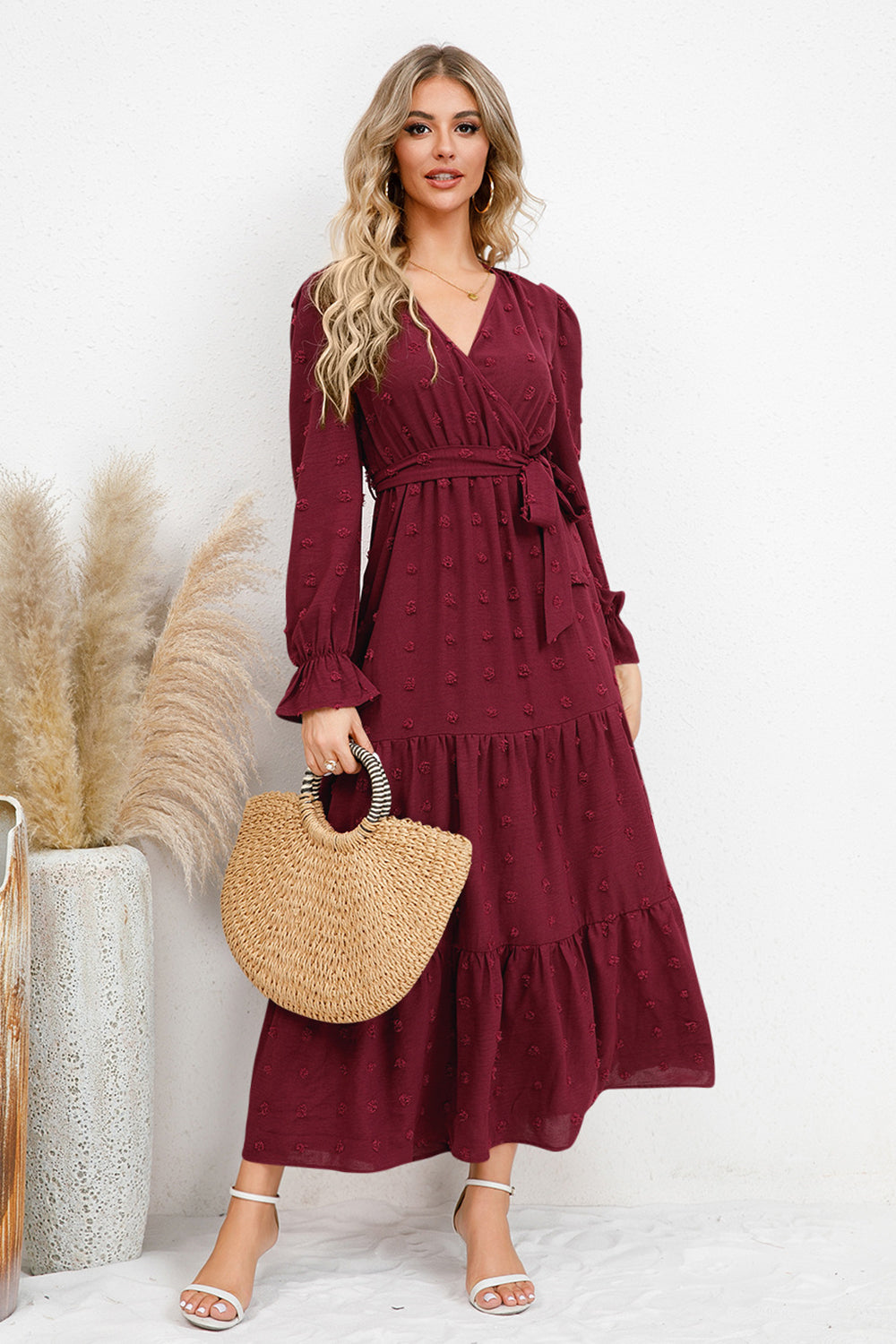 Swiss Dot Tied Surplice Flounce Sleeve Dress - Flyclothing LLC