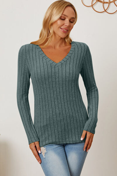 Basic Bae Full Size Ribbed V-Neck Long Sleeve T-Shirt - Flyclothing LLC