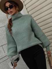 High Neck Balloon Sleeve Rib-Knit Pullover Sweater - Flyclothing LLC