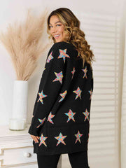 Star Pattern Open Front Cardigan with Pockets - Flyclothing LLC