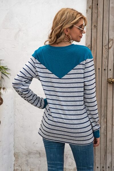 Striped Round Neck Long Sleeve T-Shirt - Flyclothing LLC