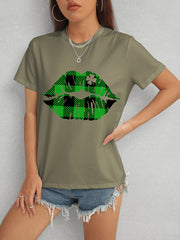 Plaid Lip Graphic Round Neck T-Shirt - Flyclothing LLC